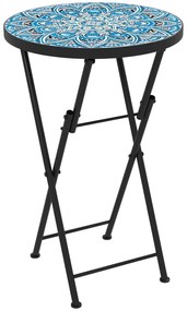 Outsunny Mesa Auxiliar Redonda Mesa de Jardim Dobrável com Bancada em Mosaico e Pés com Almofadas Antiderrapantes Ø35,5x55 cm Azul