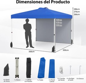 Tenda Pop up 3 x 3 m jardim, eventos, feiras com 1 Parede Lateral, com Bolsa com Rodas, 4 Sacos de Areia Azul