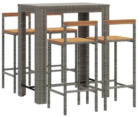 5 pcs conjunto de bar p/ jardim vime PE/acácia maciça cinzento