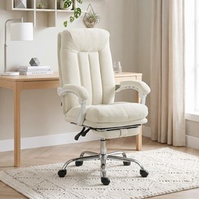 Cadeira de escritório ergonómica, reclinável em chenille, altura ajustável, apoio para os pés, creme