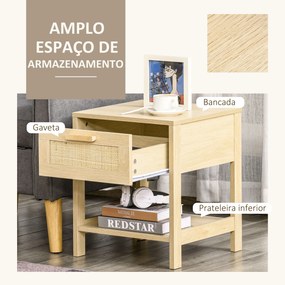 Mesa de cabeceira em malha Mesa lateral com gaveta e prateleira inferior em DM e vime para quarto Sala 40x40x48 cm Cor madeira