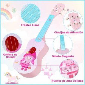 Ukelele de 21 polegadas para crianças infantil com 4 cordas de nylon e 12 trastes para iniciantes Instrumento musical rosa