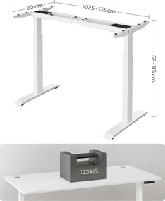 Estrutura Secretária regulável em altura sem tampo com motor duplo 60 x (107,5-175) x (69-115) cm Branco