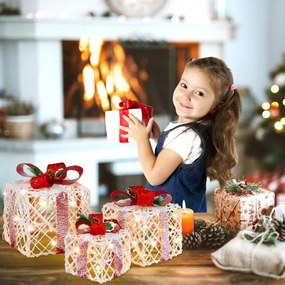 Conjunto de 3 caixas de presente de Natal alimentadas a pilhas com 60 luzes de fita vermelha com temporizador Decoração de Natal para interior e exter
