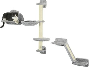 Conjunto de Prateleiras de Escalada para Gatos de 3 Peças com Rede Rampa Arranhador Plataforma em Forma de Nuvem para Saltar Cinzento
