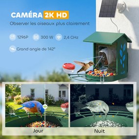 Comedouro para pássaros com câmara inteligente 2K, estrutura em aço à prova de esquilos e painel solar, 30 x 34,5 x 26,3 cm, verde