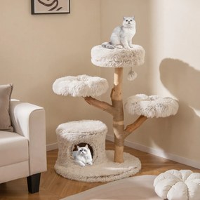 Arranhador para gatos 68 x 102 cm com galhos de madeira, 2 plataformas, arranhador de juta natural e bola pendurada para interior, branco + natural