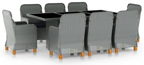 9 pcs conj. jantar exterior + almofadões vime PE cinzento-claro
