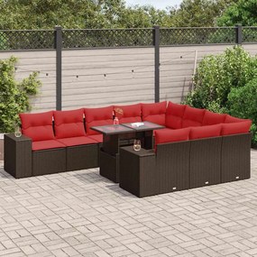 11 pcs conj. sofás jardim c/ almofadões vime PE/acácia castanho