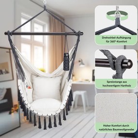 Cadeira suspensa 170x100x150cm com almofadas creme