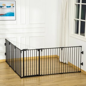 Barreira de Segurança para Animais Dobrável e Modulável, 362,5 x 2 x 76 cm, 6 Painéis com Porta, Preto