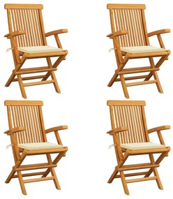 vidaXL Cadeiras de jardim c/ almofadões creme 4 pcs teca maciça