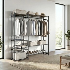 Guarda roupa aberto com estrutura metálica, 30 x 124,8 x 157,1 cm com 7 prateleiras Preto