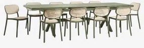 Conjunto De Mesa Retangular Extensível 240-300x100 Cm Em Alumínio Karena E 10 Cadeiras De Jardim Empilháveis Em Polipropileno Om Verde Azeitona Intens