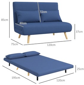 Sofá Cama de 2 Lugares Dobrável Estofado em Linho com Encosto Ajustável em 5 Posições e 2 Almofadas 120x75x85 cm Azul Escuro