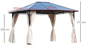 Gazebo de jardim 3,65x3 m Pavilhão de aço com telhado de policarbonato de 6 mm Proteção UV 50+ e 4 cortinas laterais Bege