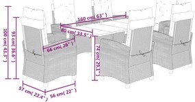 7 pcs conj. jantar p/ jardim c/ almofadões vime PE cinza-claro