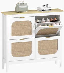 HOMCOM Sapateira Estreita com 4 Portas em Vime Sapateira para Entrada com Prateleiras Ajustáveis para 20 Pares de Sapatos 105x24x95,5 cm Branco