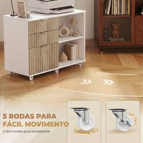 Móvel para Impressora com Rodas, 3 Gavetas, Barra Ajustável e 2 Prateleiras Abertas para Documentos A4, Branco e cor Carvalho