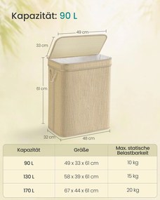 Cesto para roupa suja de 90 litros 49 x 33 x 61 cm em bambu com tampa, cor natural