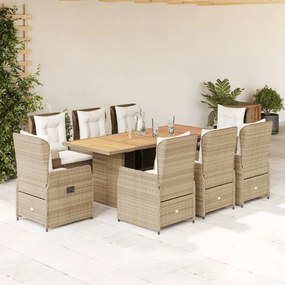 vidaXL 9 pcs conjunto de jantar p/ jardim com almofadões vime PE bege