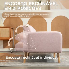 Sofá Cama de 2 Lugares com Encosto Ajustável em 3 Posições Apoio para os Braços e Pés de Madeira 173x75x73 cm Rosa