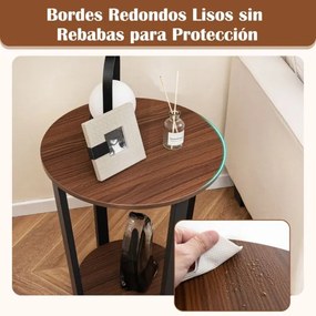 Mesa de apoio redonda de 2 níveis com estrutura metálica Mesa de cabeceira industrial para sala de estar Quarto Nogueira