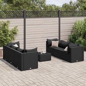 7 pcs conjunto lounge de jardim c/ almofadões vime PE preto