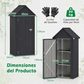 Abrigo de Jardim Metálico, 76 x 54 x 176 cm, Prateleiras Ajustáveis, Cinzento-escuro
