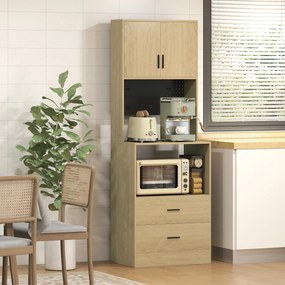 Armário para Micro-ondas, 60 x 40 x 170 cm, 2 Gavetas e 2 Portas, Natural
