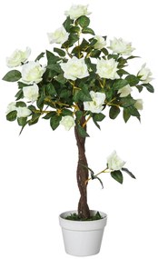 Outsunny Rosa Artificial Branca 90cm Realista 21 Flores 350 Folhas Vaso Cimento Incluído Interior Exterior Decoração Jardim | Aosom Portugal