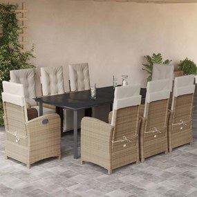 9 pcs conjunto de jantar p/ jardim com almofadões vime PE bege