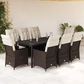 9 pcs conjunto jantar p/ jardim c/ almofadões vime PE castanho
