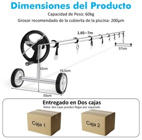Carretel de cobertura piscina ajustável até 7 m com rodas de borracha para piscinas elevadas e enterradas