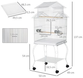 Gaiola para Pássaros com Rodas Gaiola Grande com Suporte 50x49x137cm com Bandeja Amovível Portas Comedouro Poleiro e Prateleira Inferior para Canários