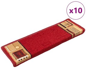 vidaXL Tapetes de escadas adesivos 10 pcs 65x21x4 cm vermelho