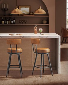 Coleção VASAGLE EKHO - Conjunto de 2 bancos de bar giratórios 360°, bancos de bar altos com encosto, couro sintético com costura, estilo moderno de meados do século, 65 cm de altura, bar de cozinha, marrom caramelo