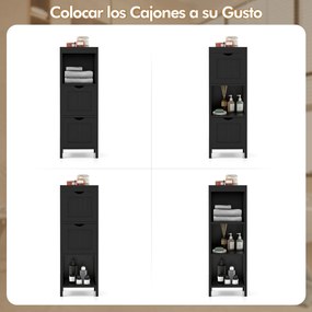 Armário para casa de banho com gavetas de arrumação 30 x 30 x 89 cm, com 2 gavetas extraíveis, lateral estreita,  preto