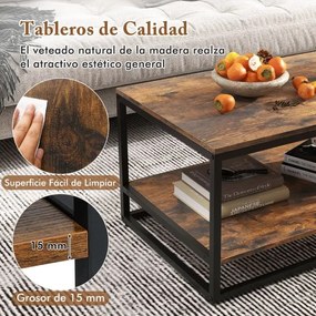 Mesa de centro industrial de 2 níveis retangular de 105 cm com Estante para arrumação e estrutura metálica para sala de estar Castanho