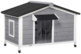 Pawhut Casinha de Cachorro no Estilo Cottage 2 Janelas Porta Telhado Betumado Aberto 109x79x72 cm Pinho Cinza | Aosom Portugal
