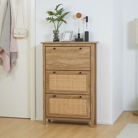 Sapateira, Móvel para sapatos, prateleira para sapatos, armário de 3 portas com abas, efeito de vime - em madeira natural