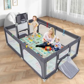 Parque infantil grande para bebés de 188 x 157 cm com aro de basquetebol, baliza, área de jogos com fecho e rede respirável cinzento escuro