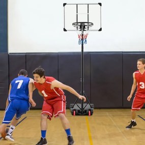 Cesto de basquetebol portátil Sistema de altura ajustável para crianças e adultos com tabela inquebrável Base insuflável Base almofadada Rodas de tran