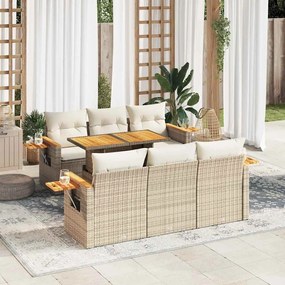 7 pcs conjunto sofás jardim com almofadões vime PE/acácia bege