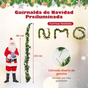 Grinalda de Natal Artificial 270 cm Pré-iluminada com Luzes LED Brancas Quentes para a Porta Principal, Escadas e Lareira Verde