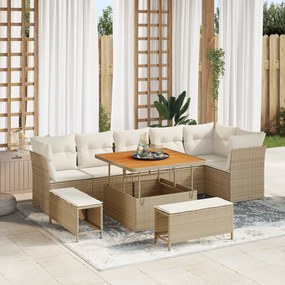 Conjunto de Sofá de Jardim vidaXL 9 Peças com Almofadas Bege Polirratã Acácia