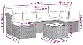 7 pcs conjunto sofás p/ jardim c/ almofadões vime PE cinzento