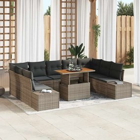 vidaXL Conjunto de Jantar de Jardim com 10 Peças e Almofadas Cinza em Rattan Poly Acácia