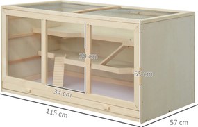 Gaiola para hamsters e gerbil, 2 níveis, teto abrível, janelas, casinha e 2 escadas, 115 x 57 x 55 cm, efeito de madeira natural