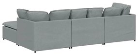 Sofá modular com pufes e almofadas tecido cinzento-claro